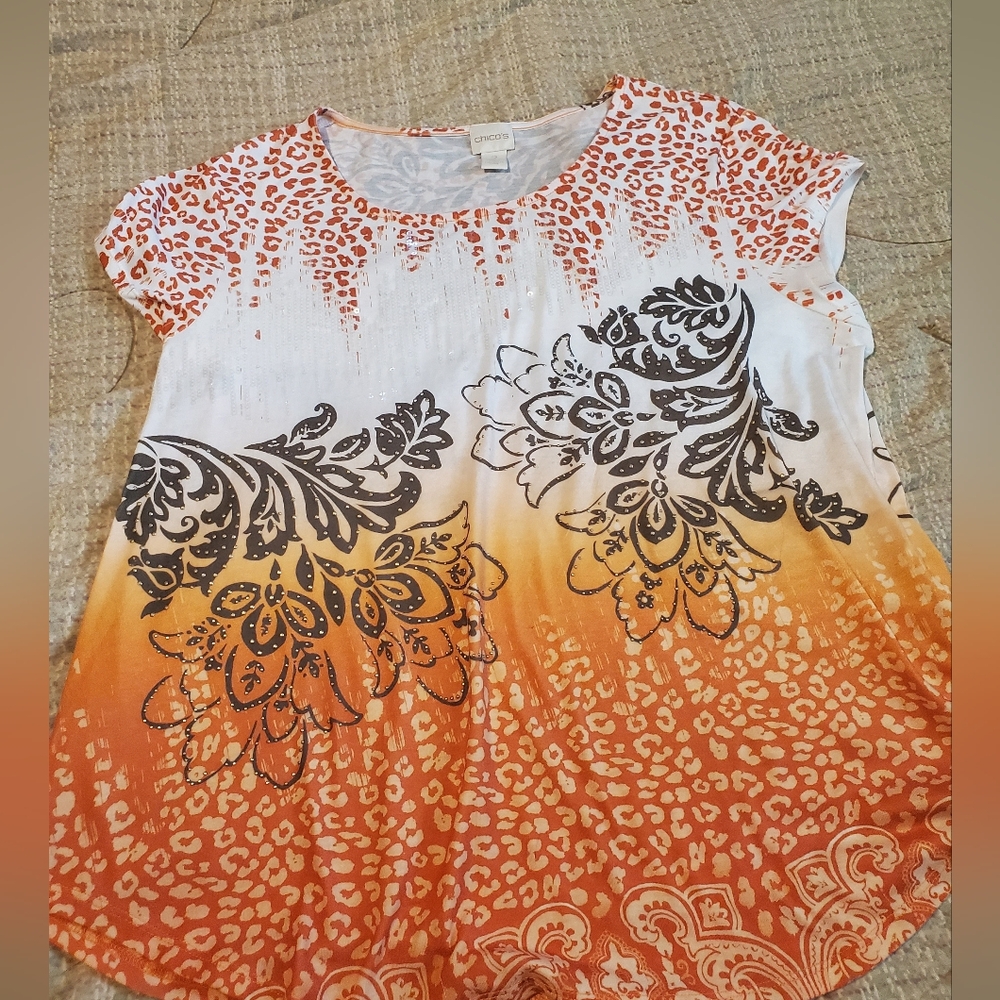 Chico's Marmalade Floral Orange White Embellished Top Size 2 L 12/14 Paisley